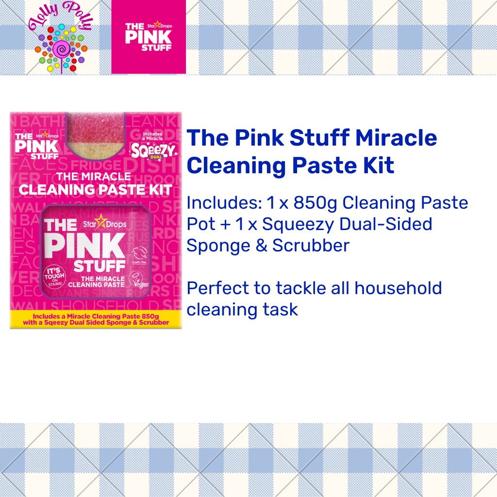 408a7a362dafeec9c436fce81dd00363.png The Pink Stuff Miracle Cleaning Paste Kit (850g Cleaning Paste Pot and Squeezy Dual-Sided Sponge & Scrubber) - Image 1