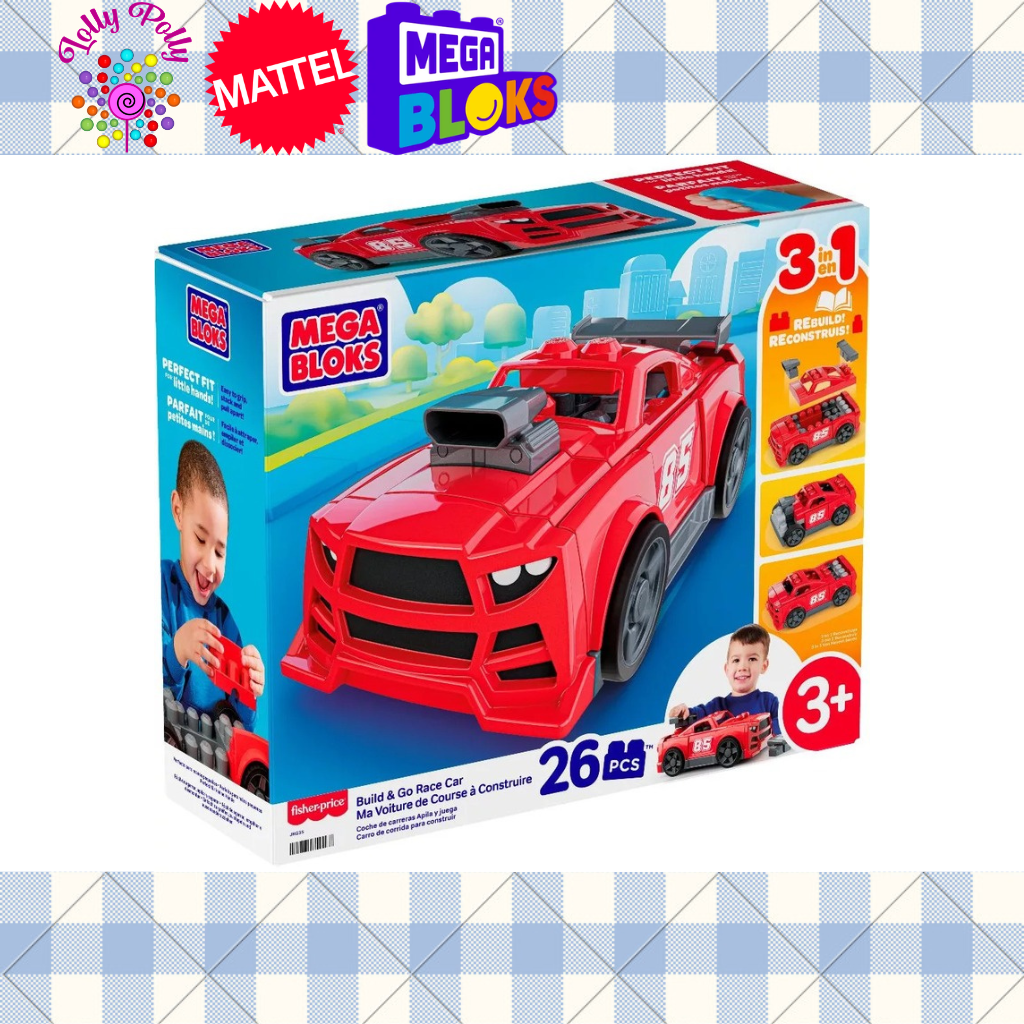 a4e7a040c42e71f784de45dfdb086035.png Mega Bloks Build & Go Race Car Block Toy With Rolling Wheels (26 Pieces) For Kids (JKG35) - Image 1